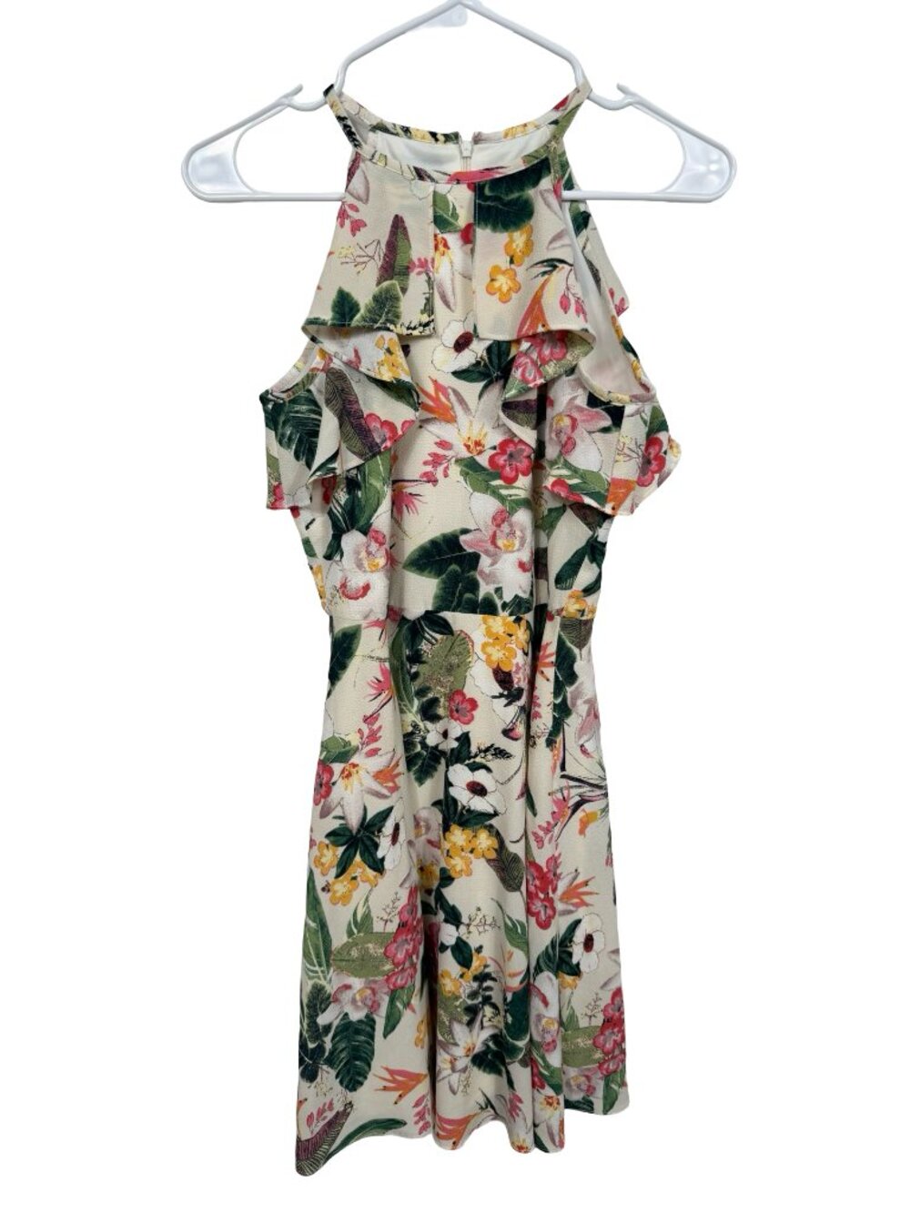 London Times Swing Dress Size 2 White Floral Halter Ruffle Wedding Guest Crinkle